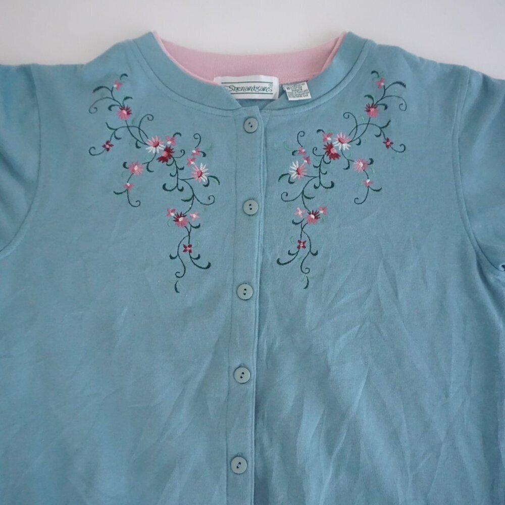 Vintage Shenanigans Blue Floral Embroidered Cotton Blend Cardigan Cottagecore M - Picture 6 of 9